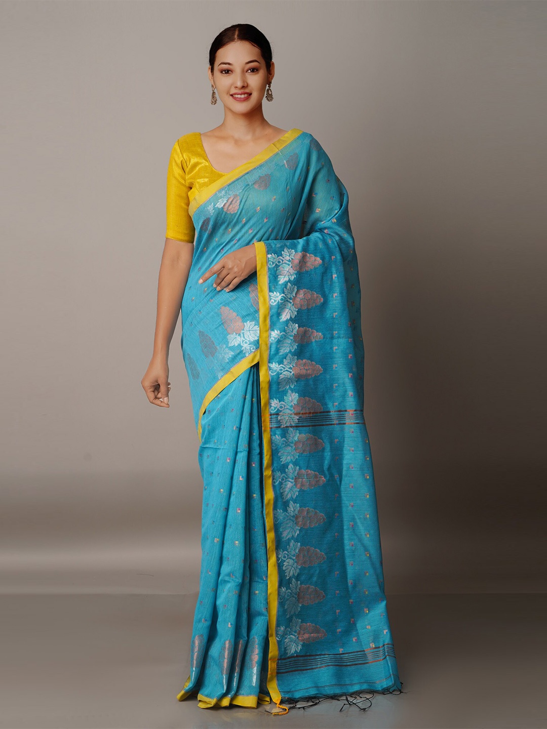 

Unnati Silks Blue & Yellow Woven Design Zari Silk Cotton Jamdani Saree