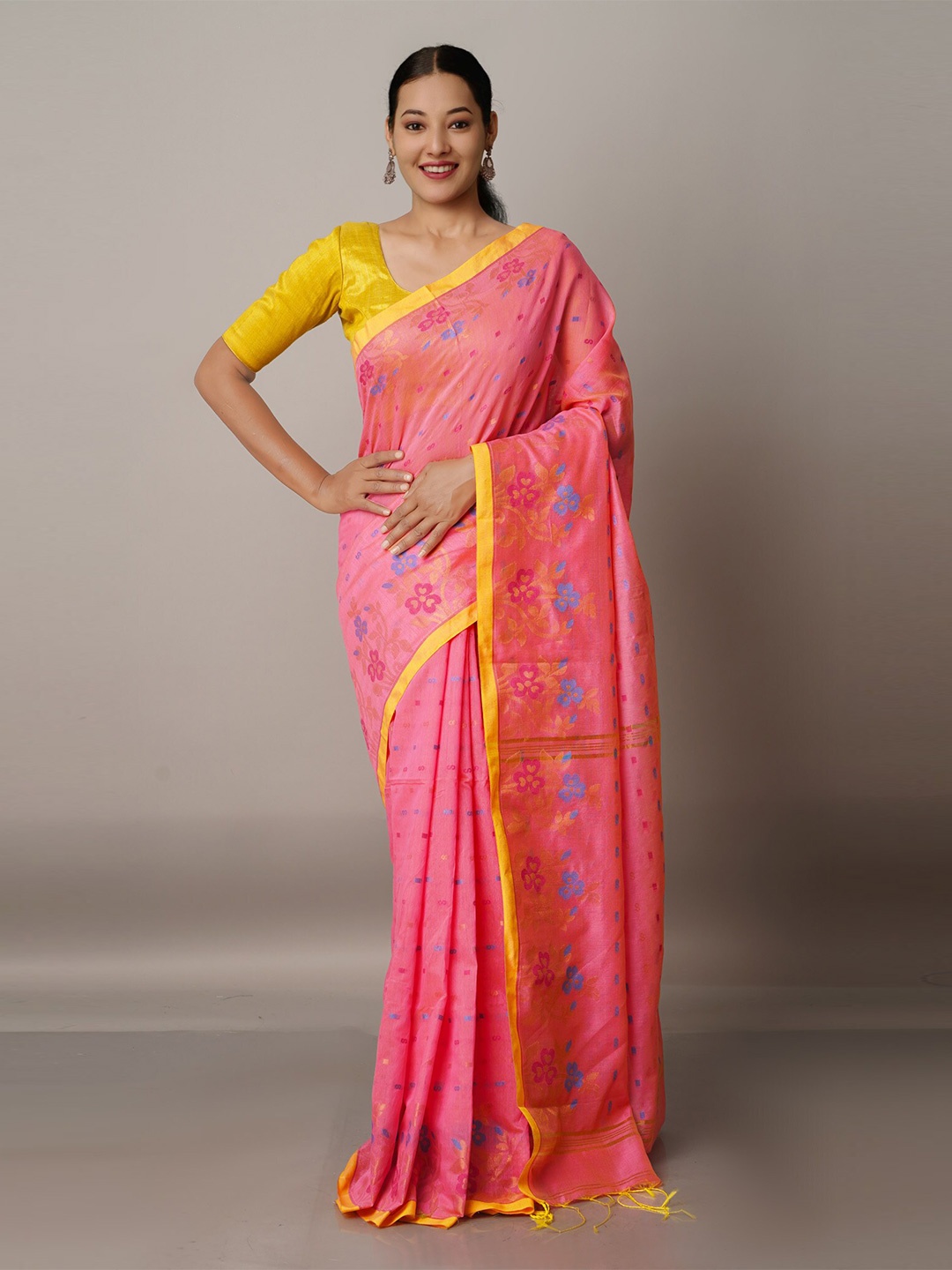 

Unnati Silks Pink & Blue Woven Design Silk Cotton Jamdani Saree