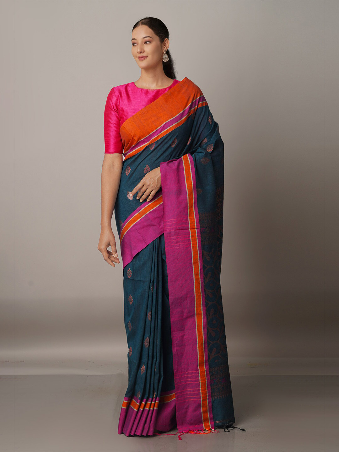 

Unnati Silks Green & Pink Woven Design Zari Silk Cotton Jamdani Saree