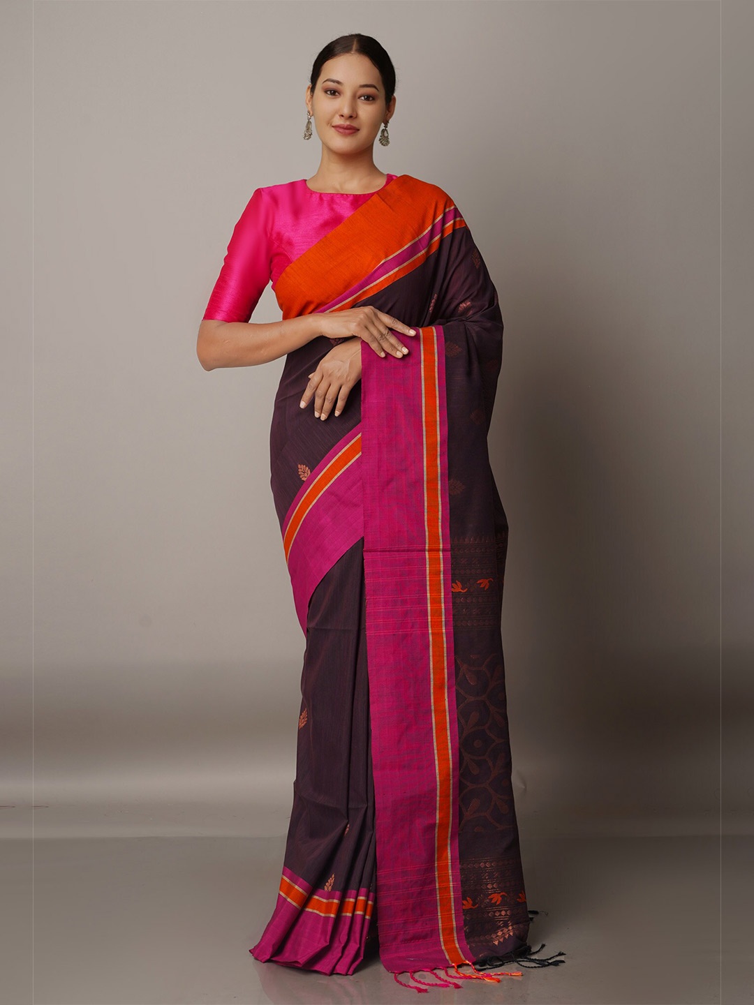 

Unnati Silks Brown & Pink Woven Design Zari Silk Cotton Jamdani Saree