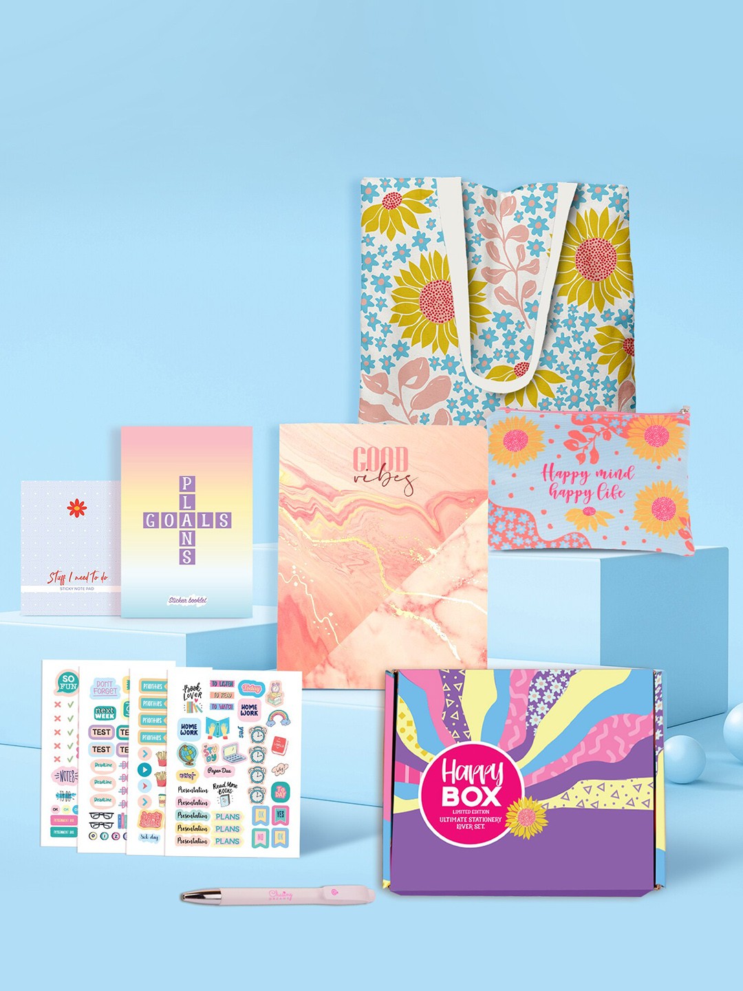 

Doodle White & Blue Victory Vibes Study Planner Happy Box Gift Set