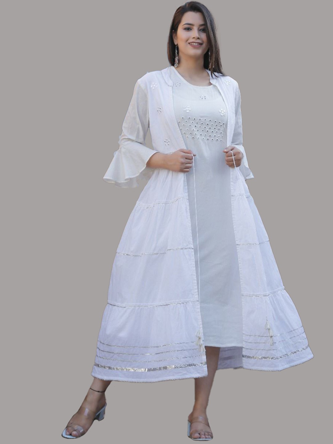 

OMASK Bell Sleeves Floral Printed Cotton Anarkali Kurta with Jacket, White