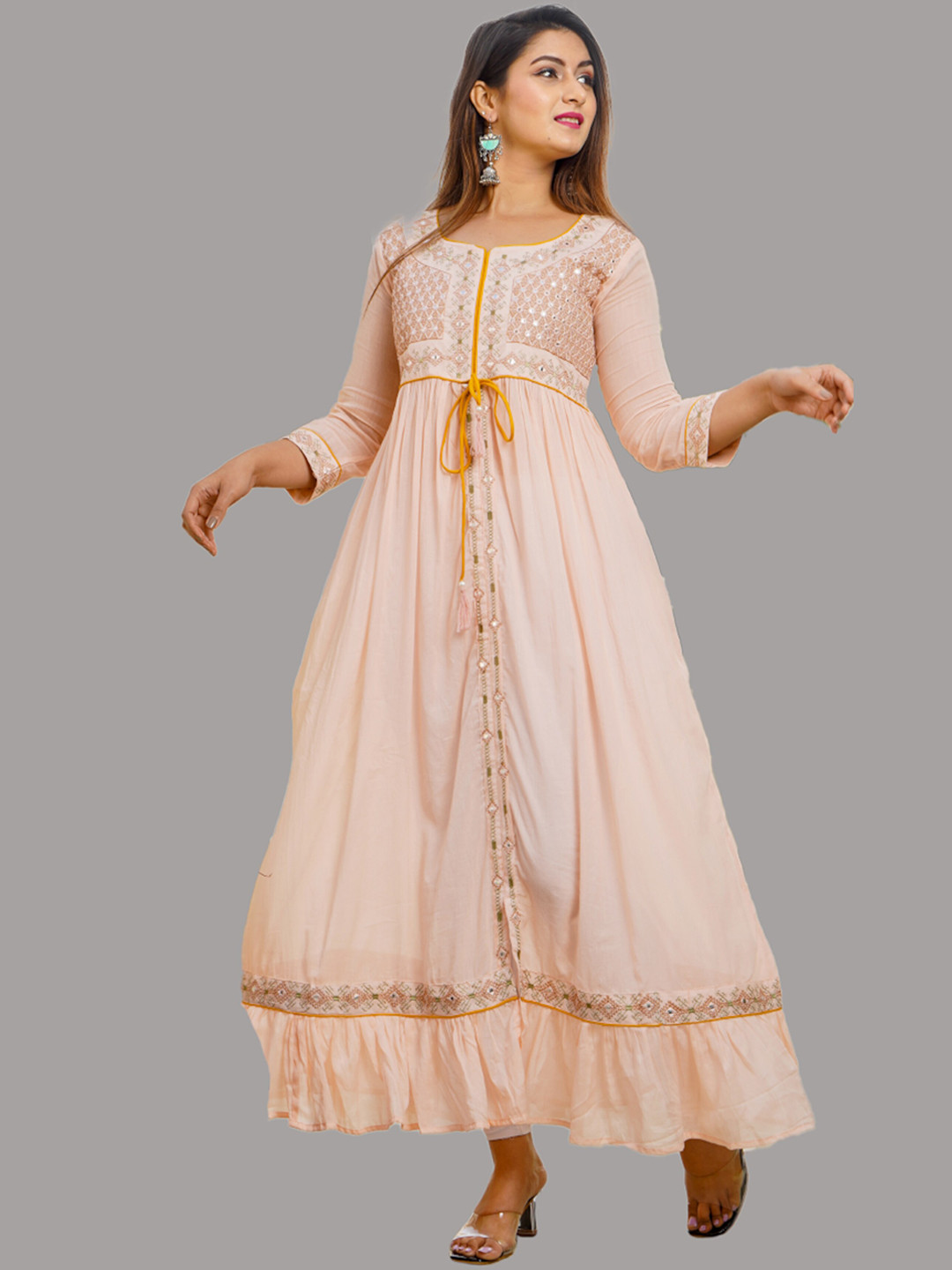 

OMASK Women Peach-Coloured Ethnic Motifs Cotton Floral Kurta