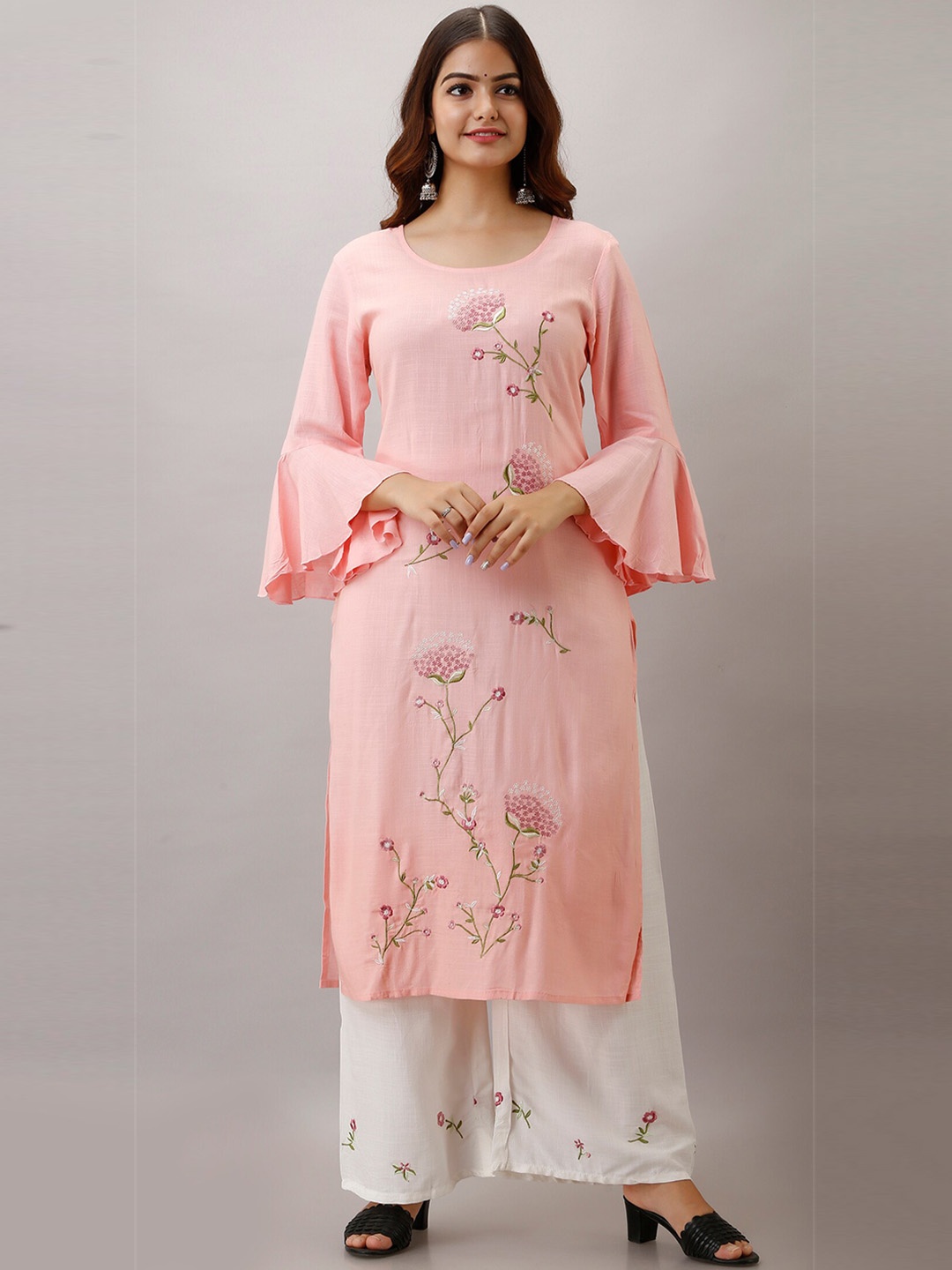 

OMASK Women Peach-Coloured Floral Embroidered Kurta with Palazzos