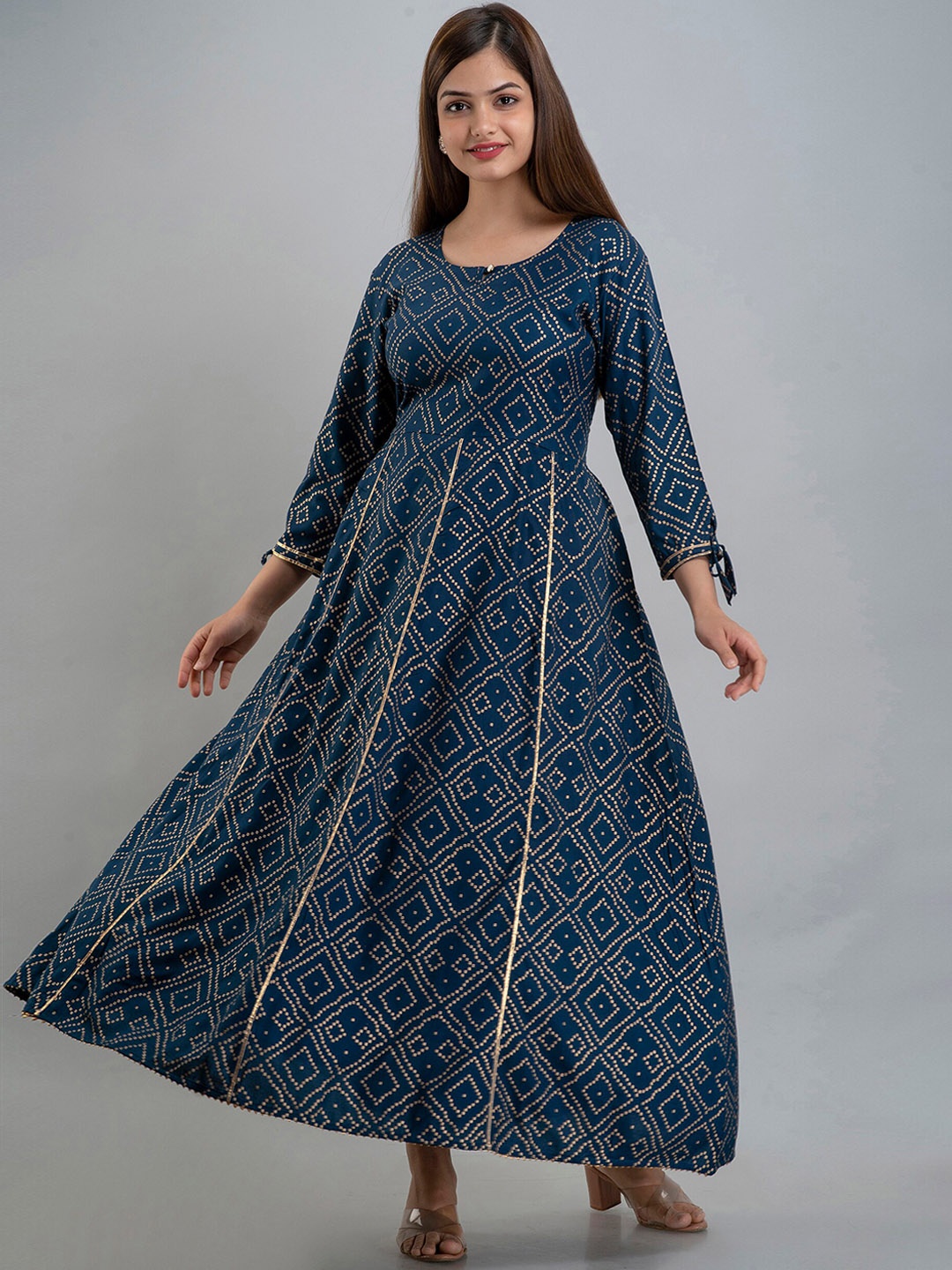 

OMASK Women Blue & Gold-Toned Bandhani Printed Kurta