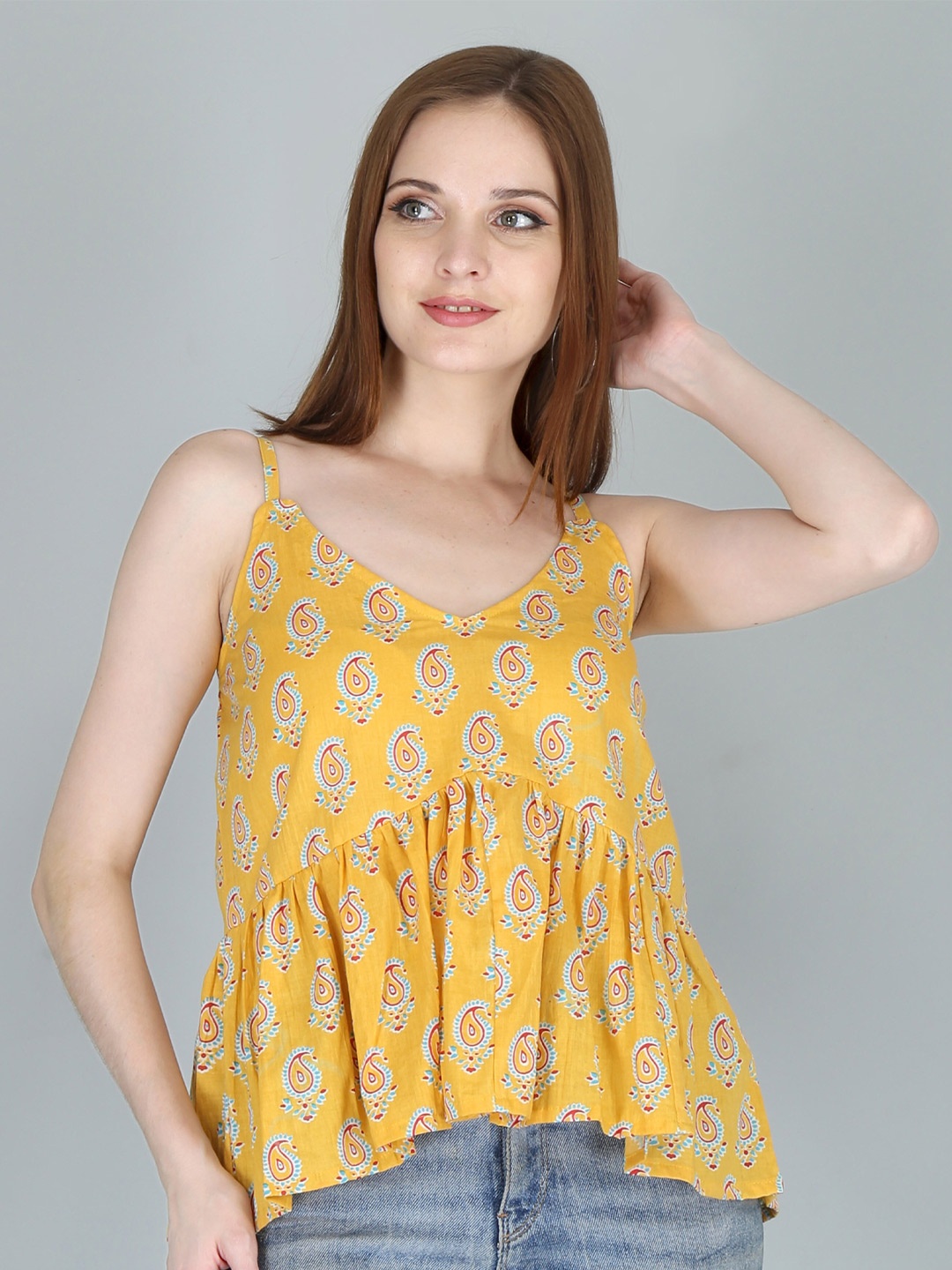 

OMASK Yellow Floral Print Pure Cotton Top