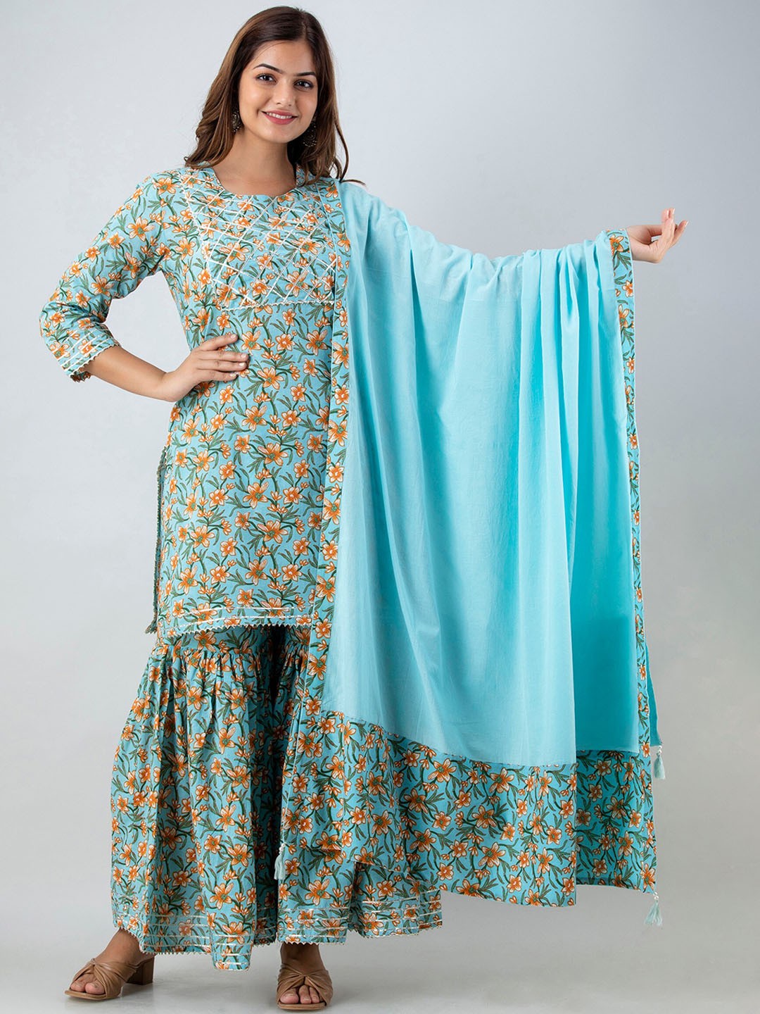 

OMASK Women Sea Green Floral Printed Gotta Patti Pure Cotton Kurta with Sharara & With Dupatta