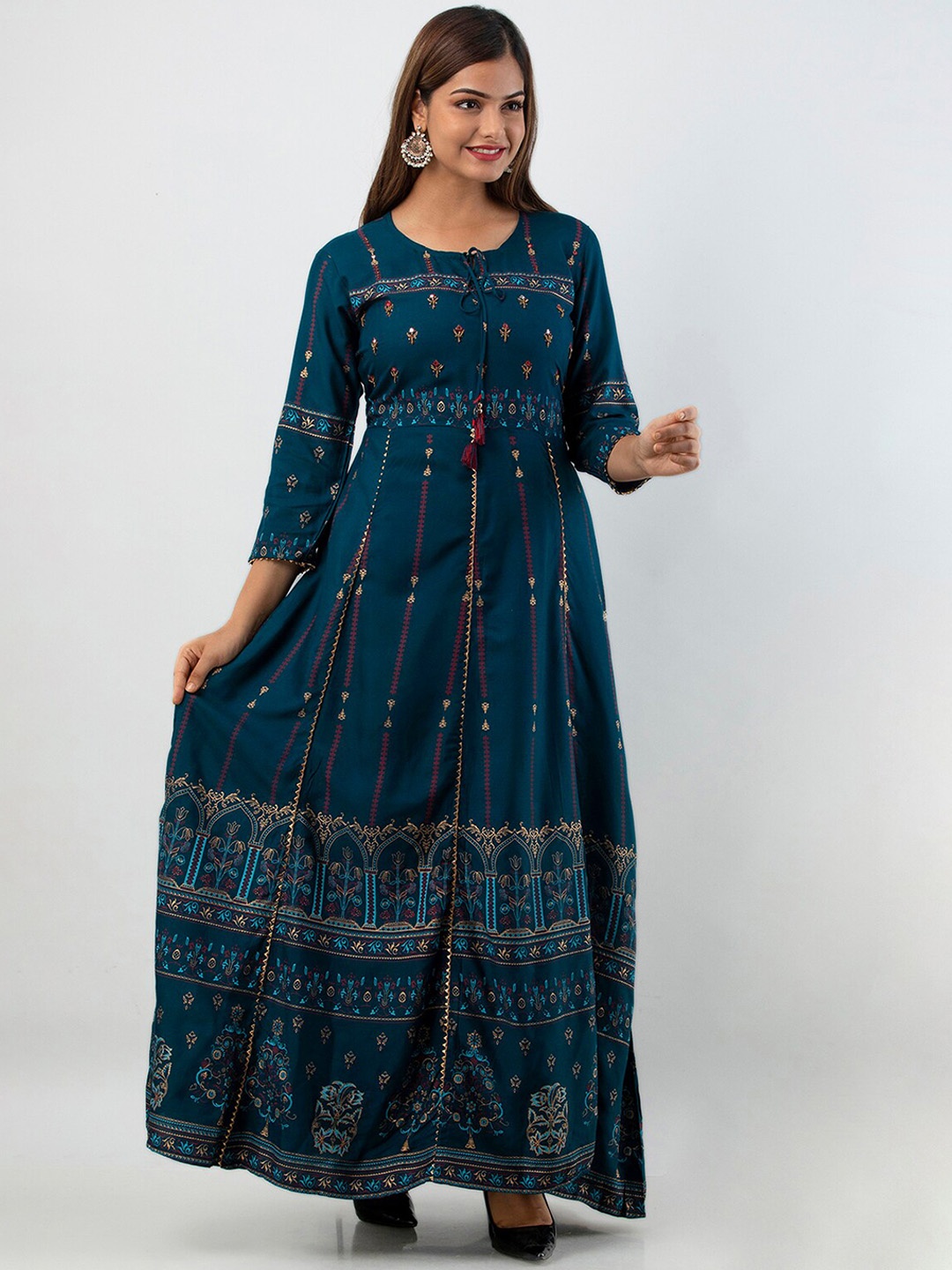 

OMASK Ethnic Motifs Printed Gotta Patti Anarkali Panelled Kurta, Teal