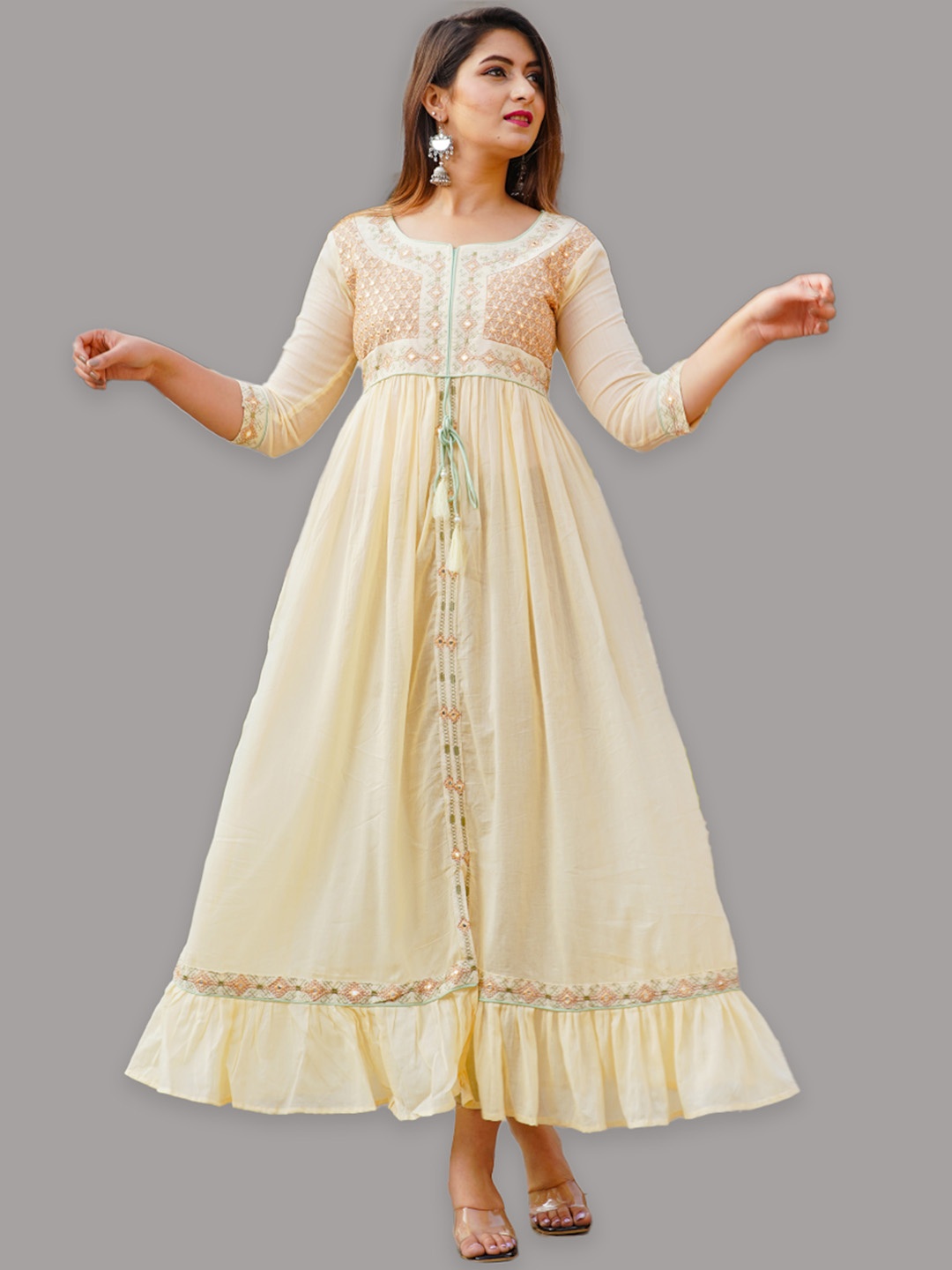 

OMASK Ethnic Motifs Yoke Design Pure Cotton Anarkali Kurta, Cream