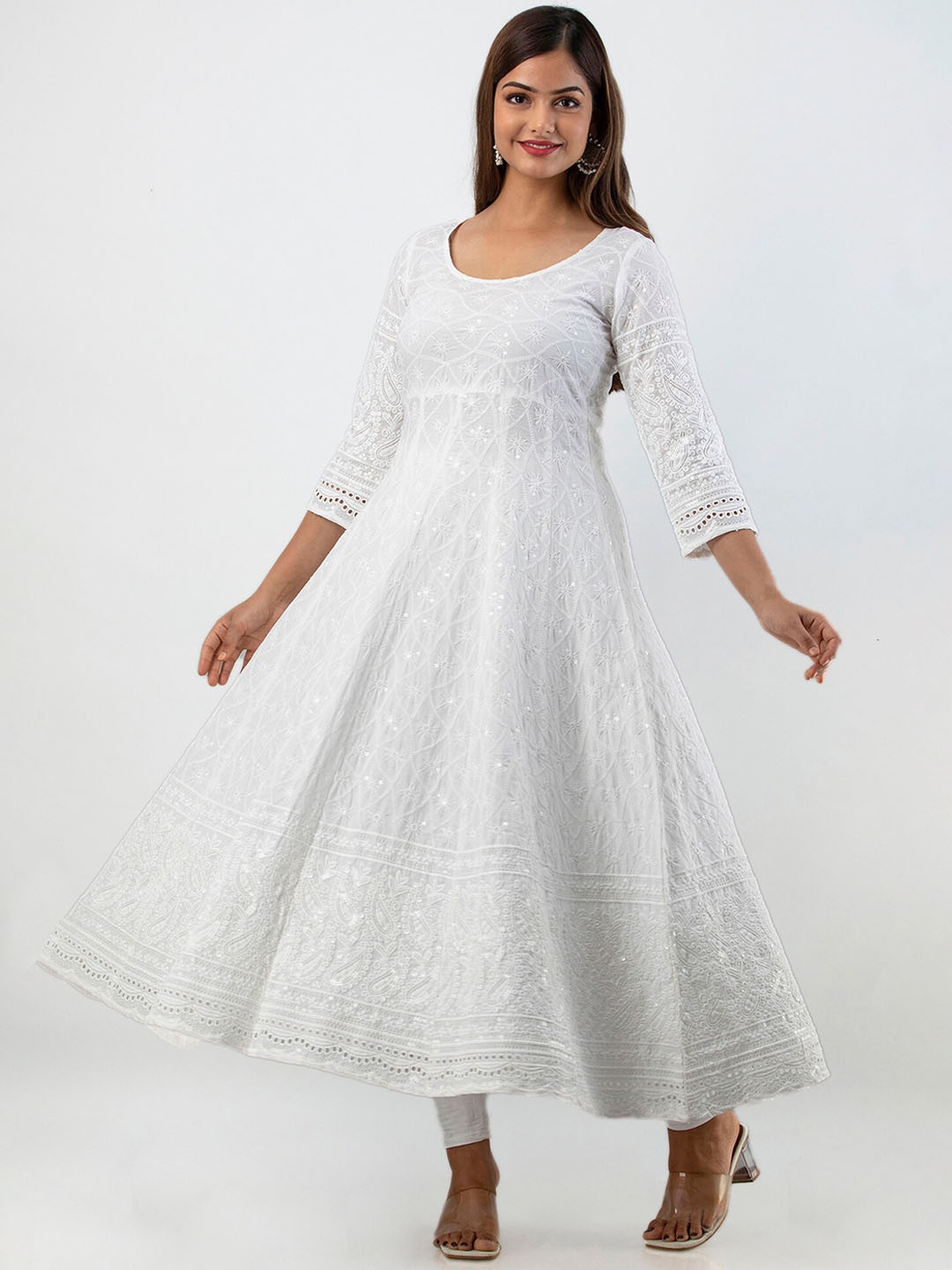 

OMASK Ethnic Motifs Embroidered Chikankari Anarkali Pure Cotton Kurta, White