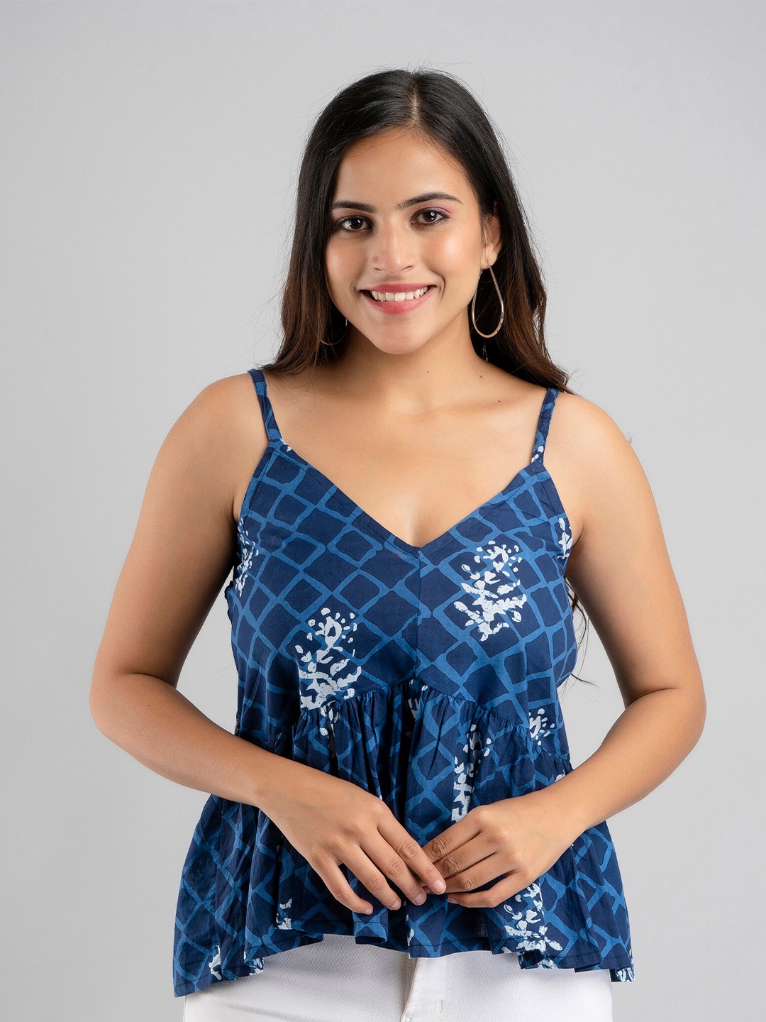 

OMASK Women Blue Print Pure Cotton Peplum Top