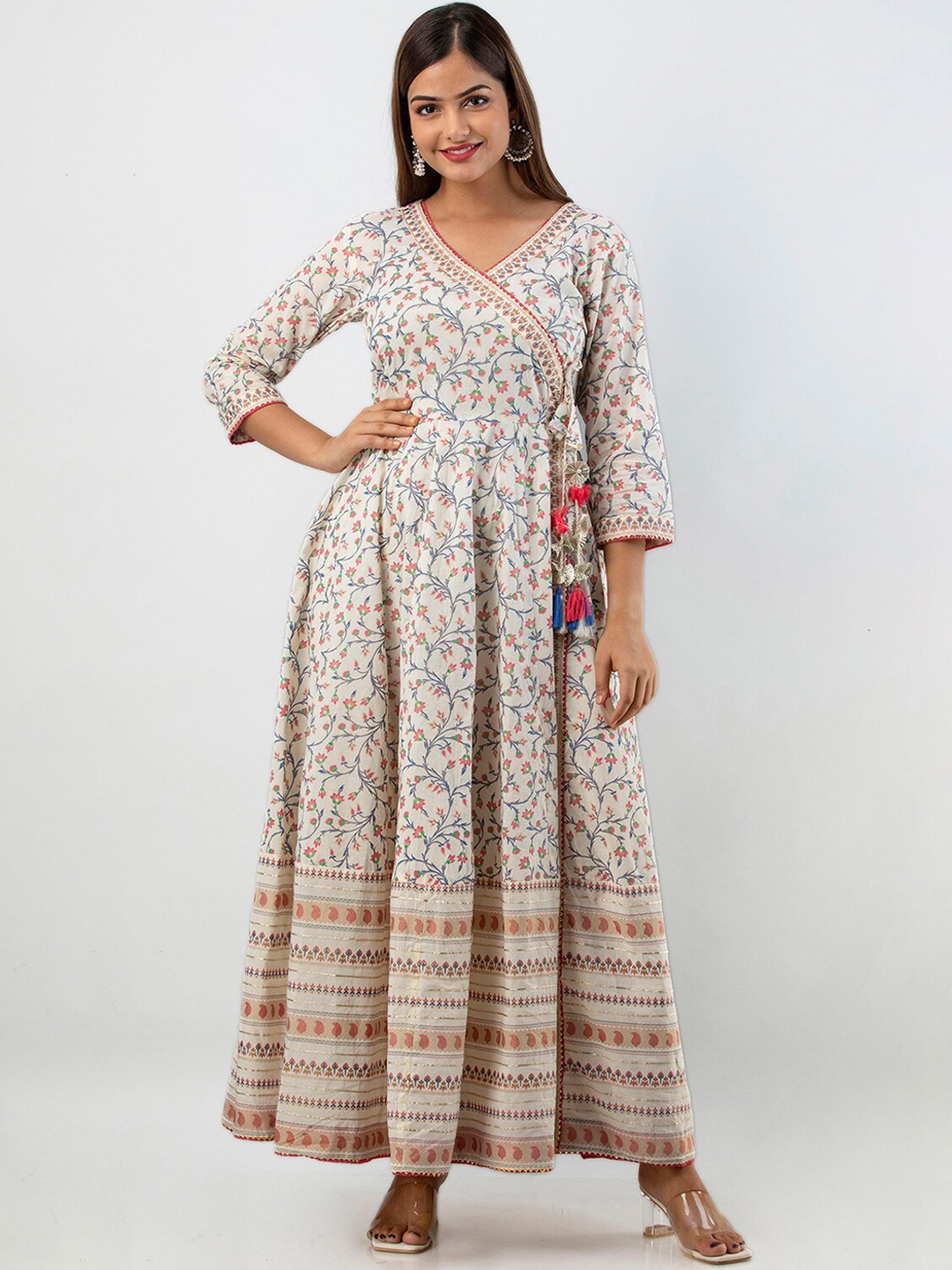 

OMASK V-Neck Floral Printed Anarkali Pure Cotton Kurta, Off white