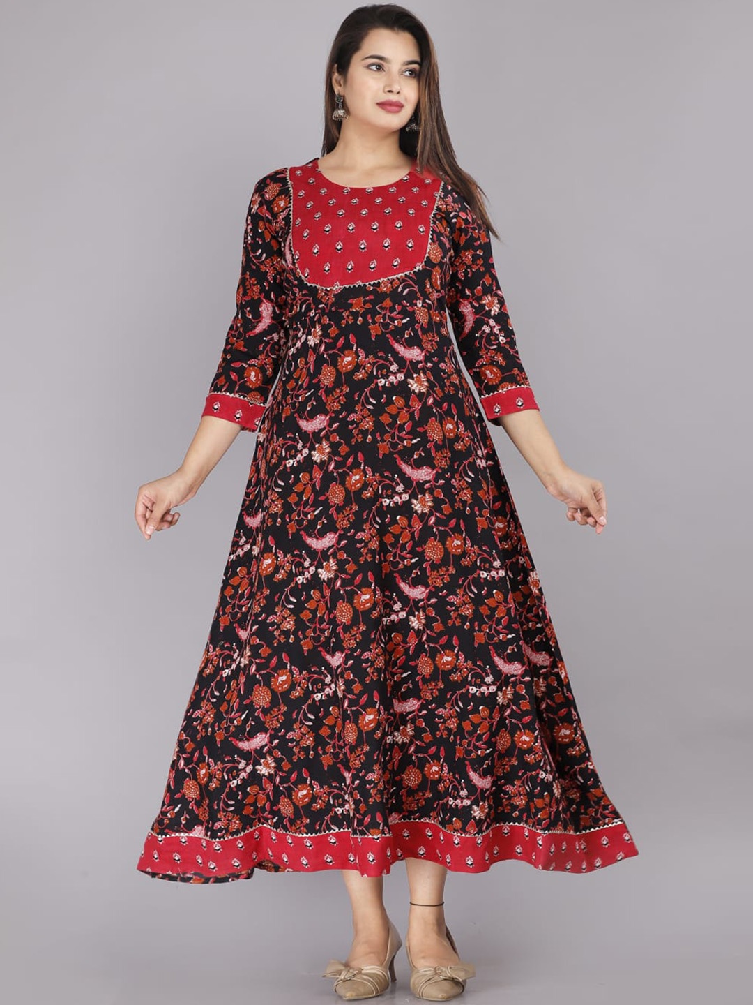 

OMASK Women Black & Red Ethnic Motifs Printed Cotton Dress