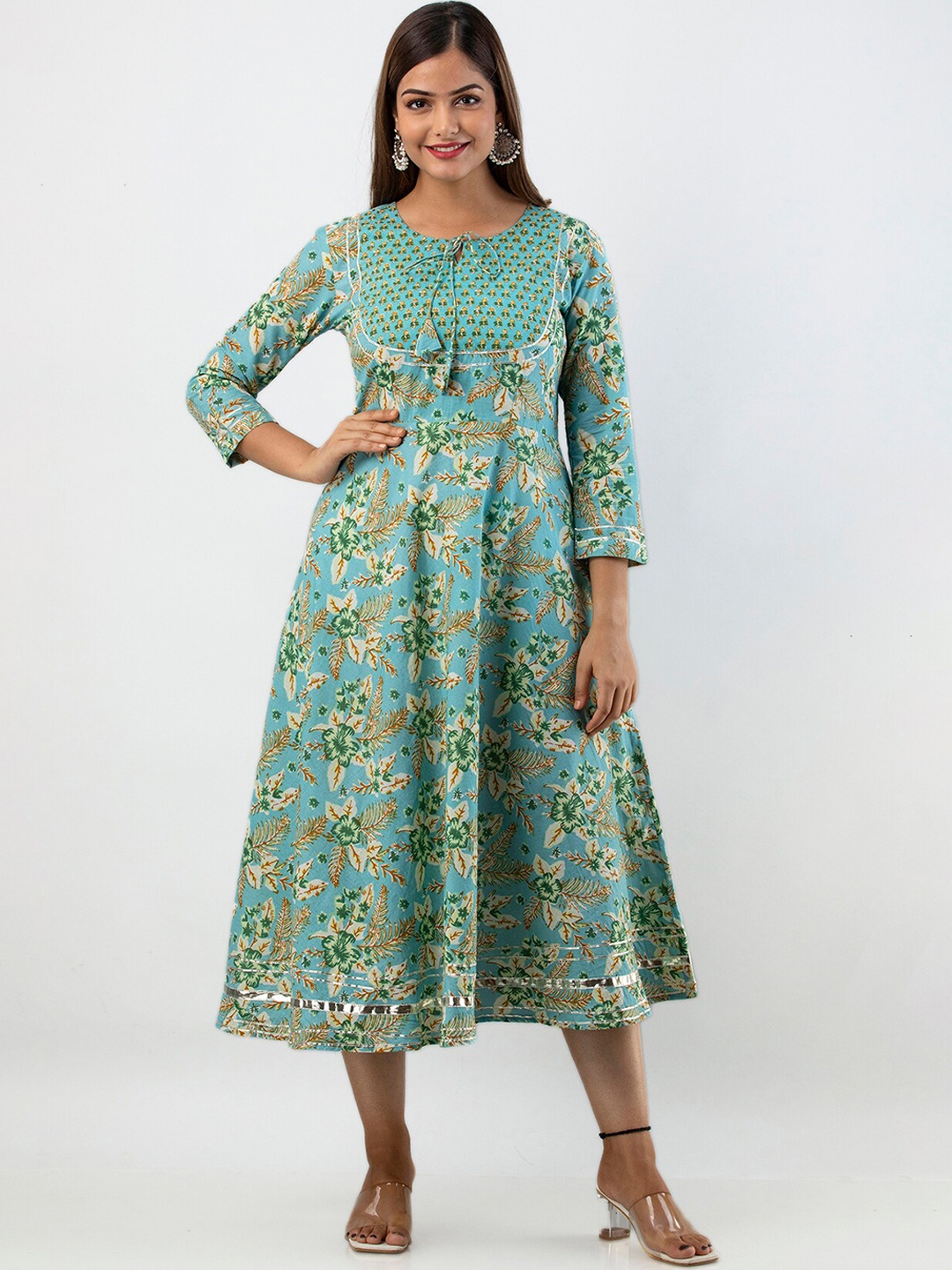 

OMASK Tie-Up Neck Floral Printed Cotton Kurta, Blue