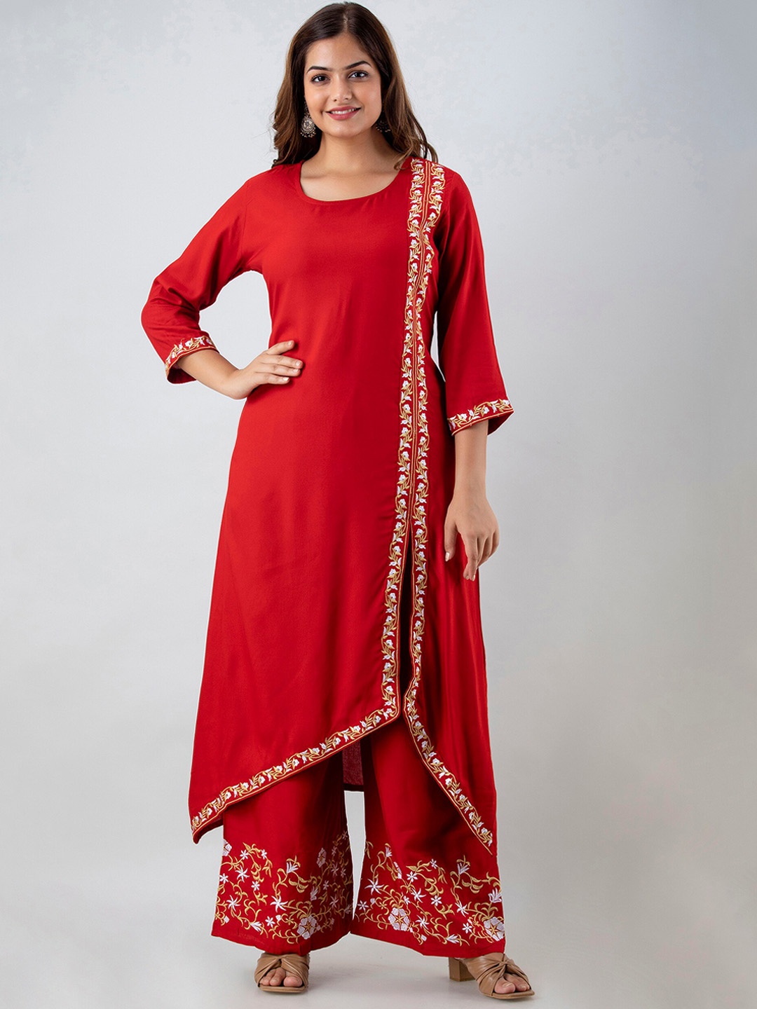 

OMASK Women Maroon Floral Embroidered Kurta with Palazzos