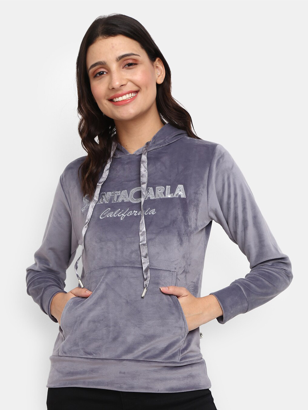 

V-Mart Women Grey Printed Hooded Sweatshirt
