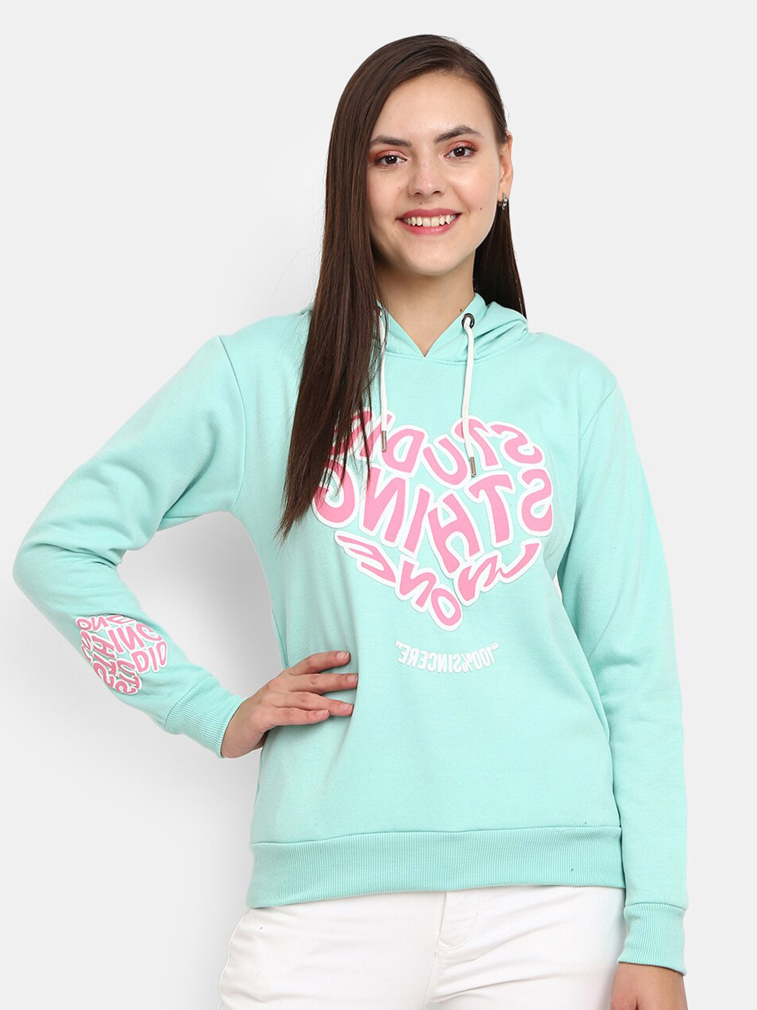 

V-Mart Women Green Printed Hooded Sweatshirt