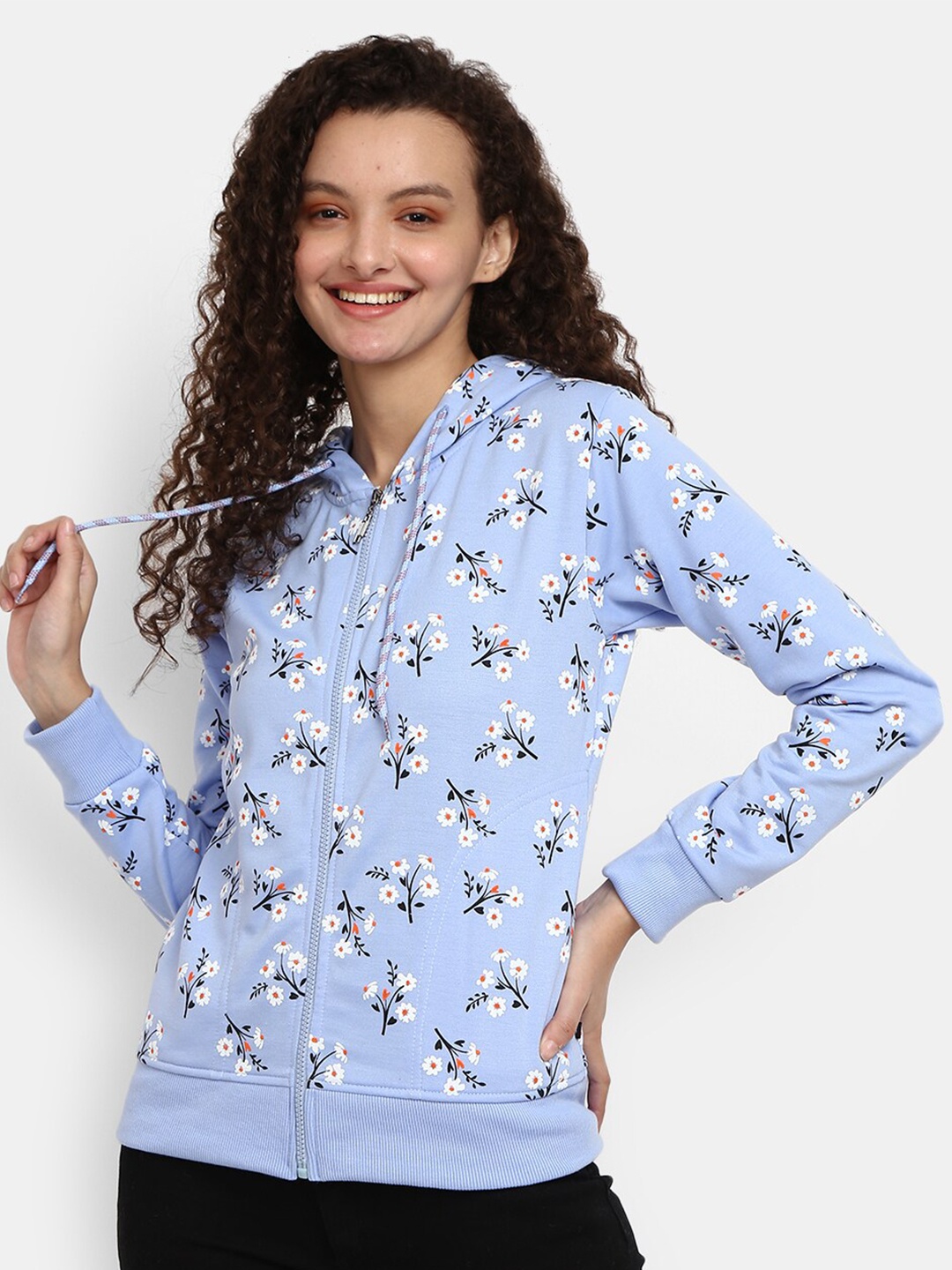 

V-Mart Women Blue Printed Hooded Sweatshirt
