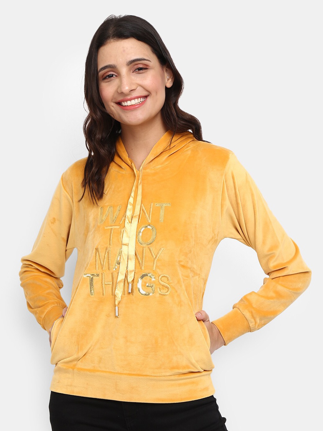 

V-Mart Women Mustard Printed Hooded Sweatshirt