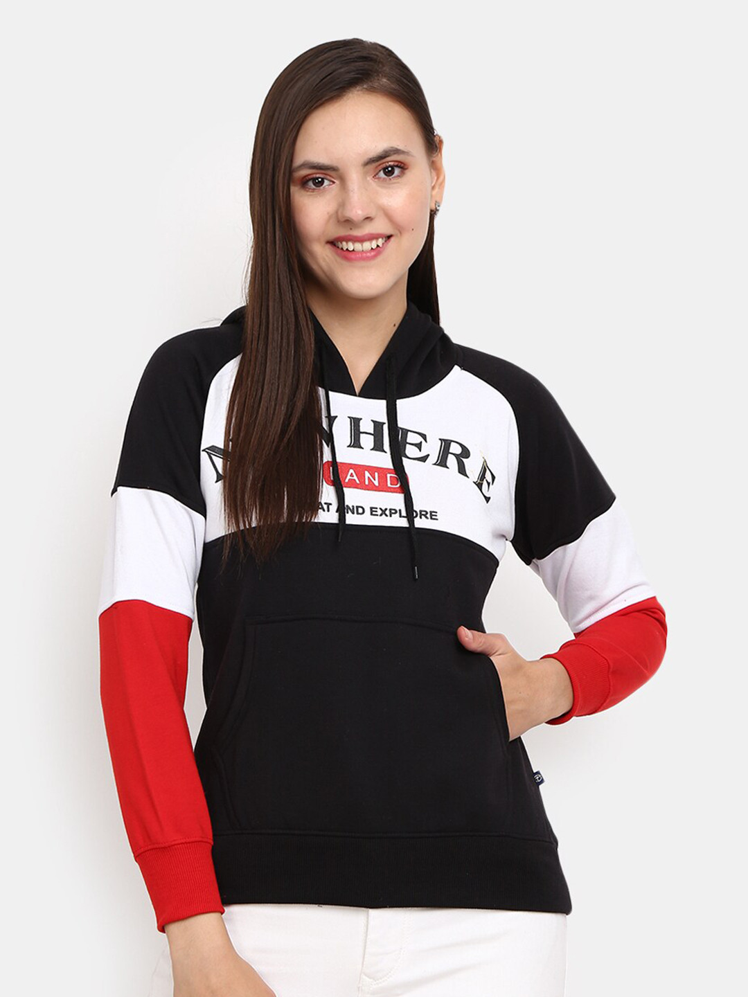 

V-Mart Women Black Colourblocked Hooded Sweatshirt