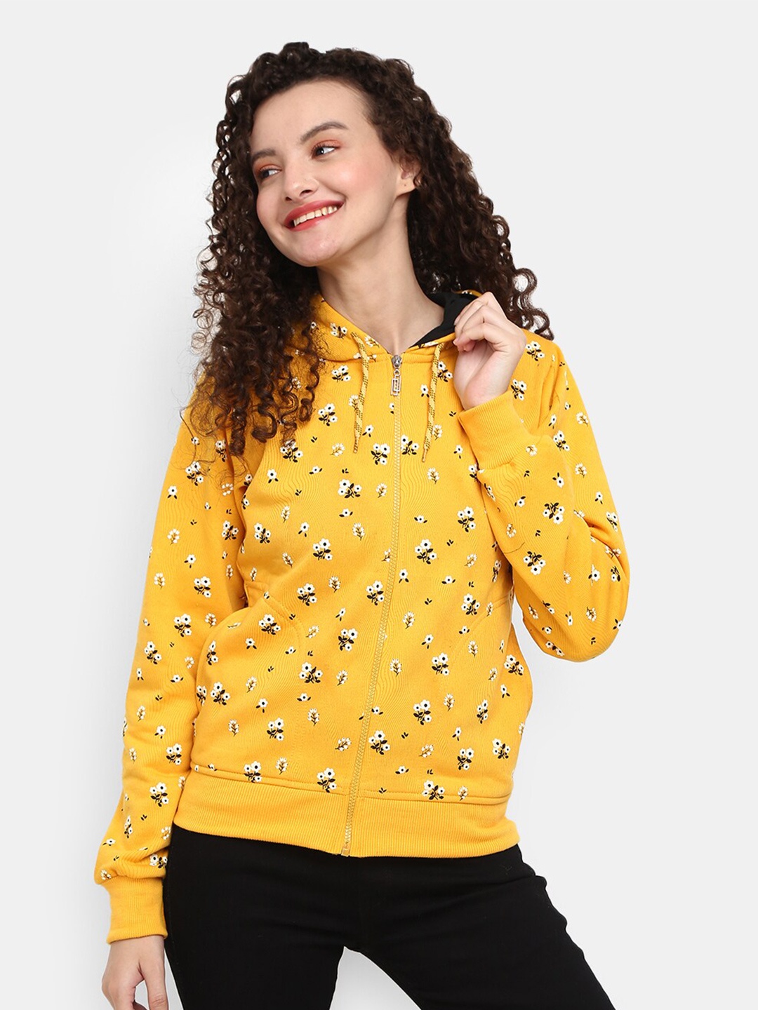 

V-Mart Women Yellow Printed Hooded Sweatshirt