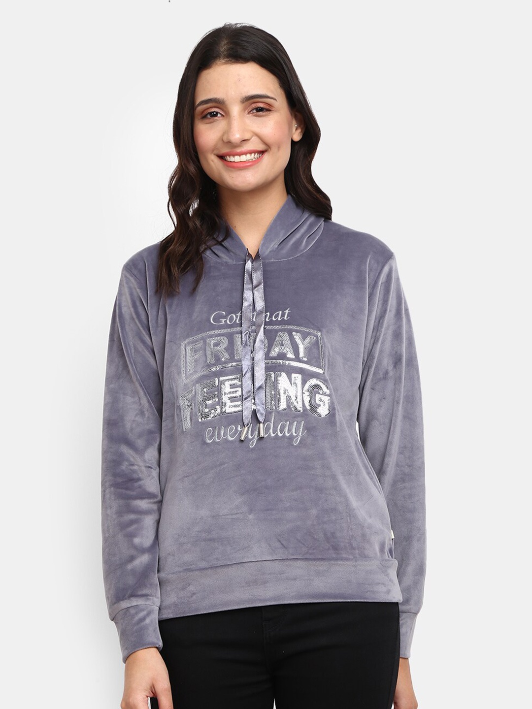 

V-Mart Women Grey Printed Hooded Sweatshirt