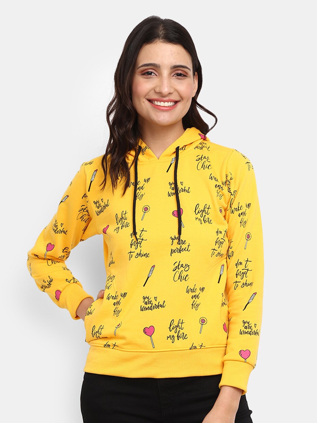 

V-Mart Women Yellow Printed Hooded Sweatshirt