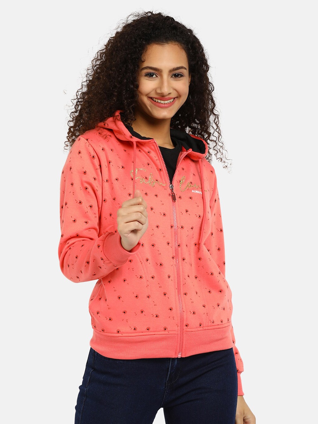 

V-Mart Women Coral Printed Hooded Sweatshirt