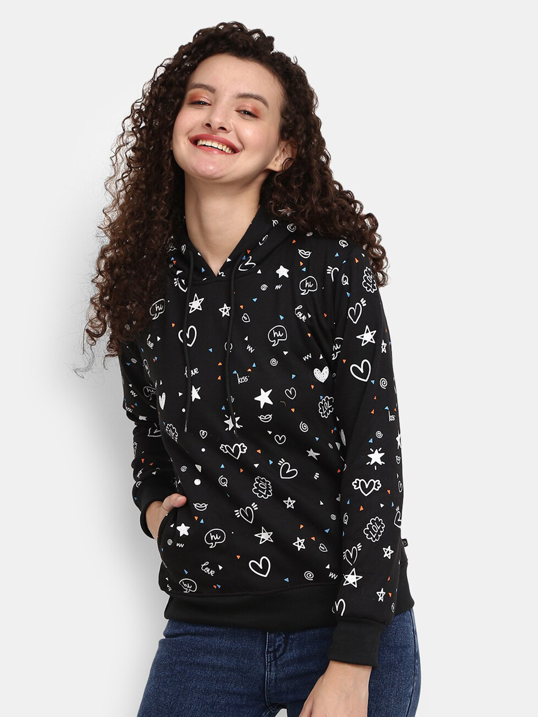 

V-Mart Women Black Printed Hooded Sweatshirt