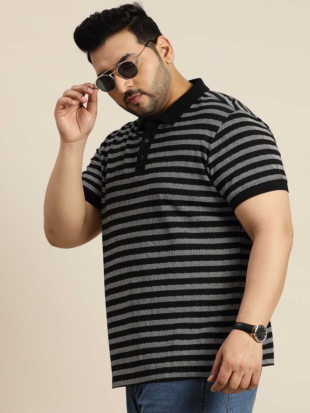 

Sztori Plus Size Striped Polo Collar Pure Cotton T-shirt, Black