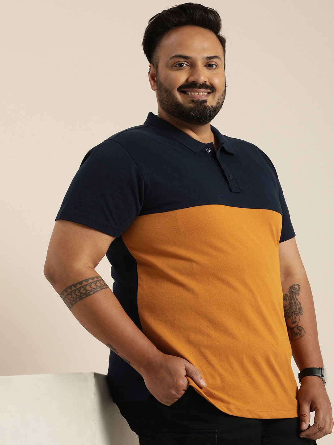 

Sztori Plus Size Colourblocked Polo Collar T-shirt, Mustard