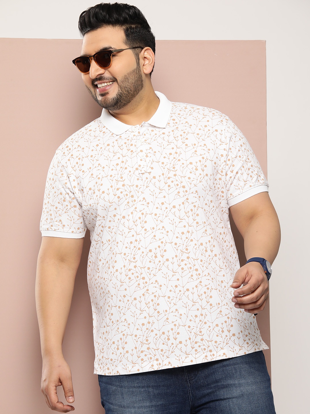 

Sztori Men Plus Size Floral Polo Collar Pure Cotton T-shirt, White