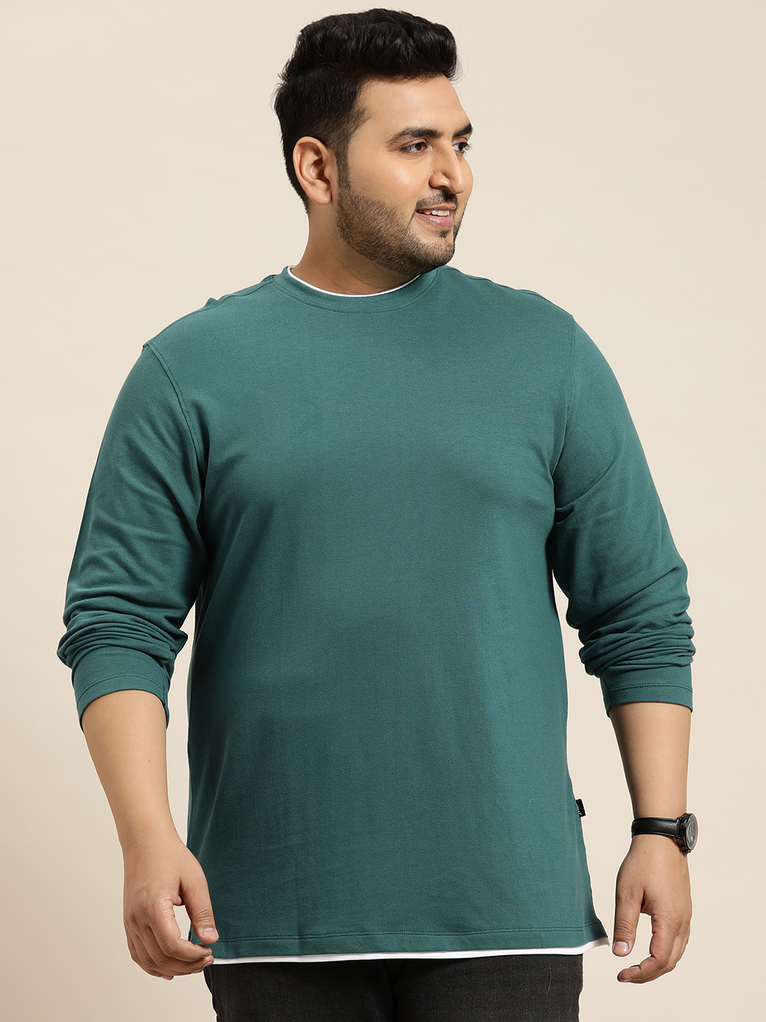 

Sztori Plus Size Full-Sleeves Textured T-shirt, Sea green