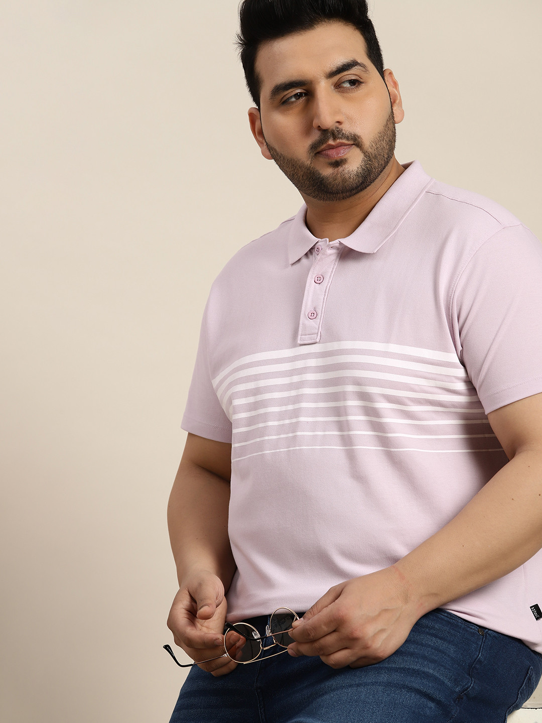 

Sztori Plus Size Striped Polo Collar T-shirt, Lavender