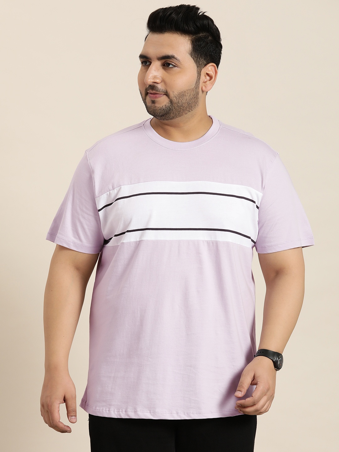 

Sztori Plus Size Striped Pure Cotton T-shirt, Lavender