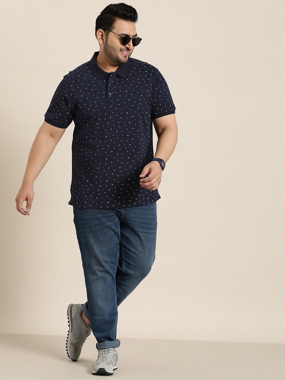 

Sztori Plus Size Printed Polo Collar Pure Cotton T-shirt, Navy blue