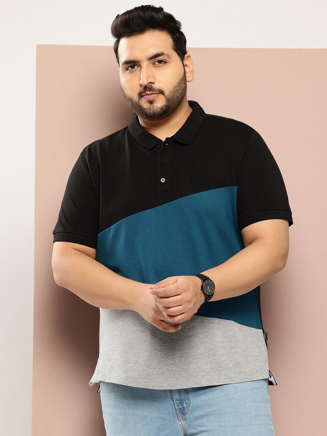 

Sztori Plus Size Colourblocked Polo Collar Pure Cotton T-shirt, Grey