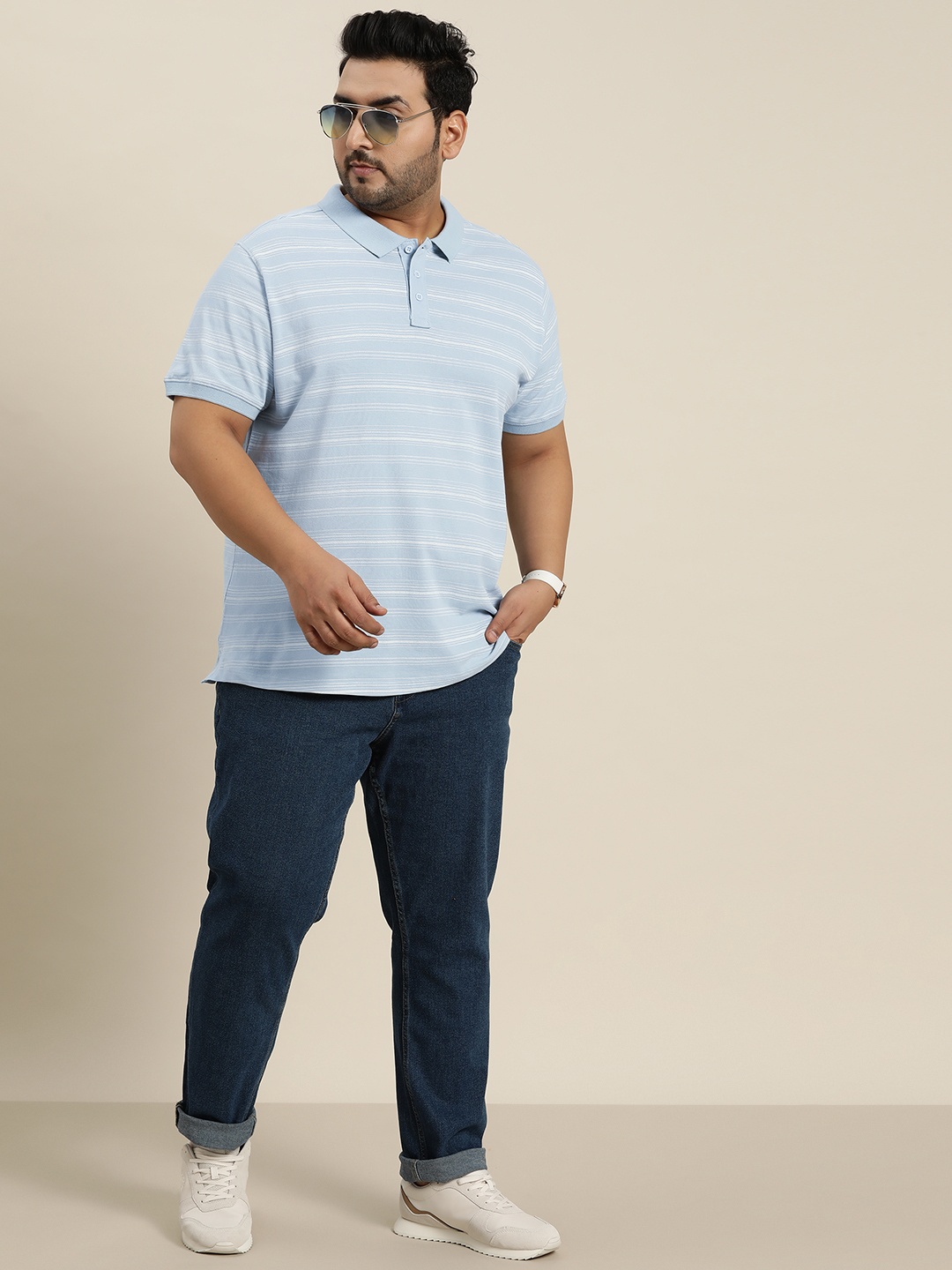 

Sztori Plus Size Striped Polo Collar Pure Cotton T-shirt, Blue