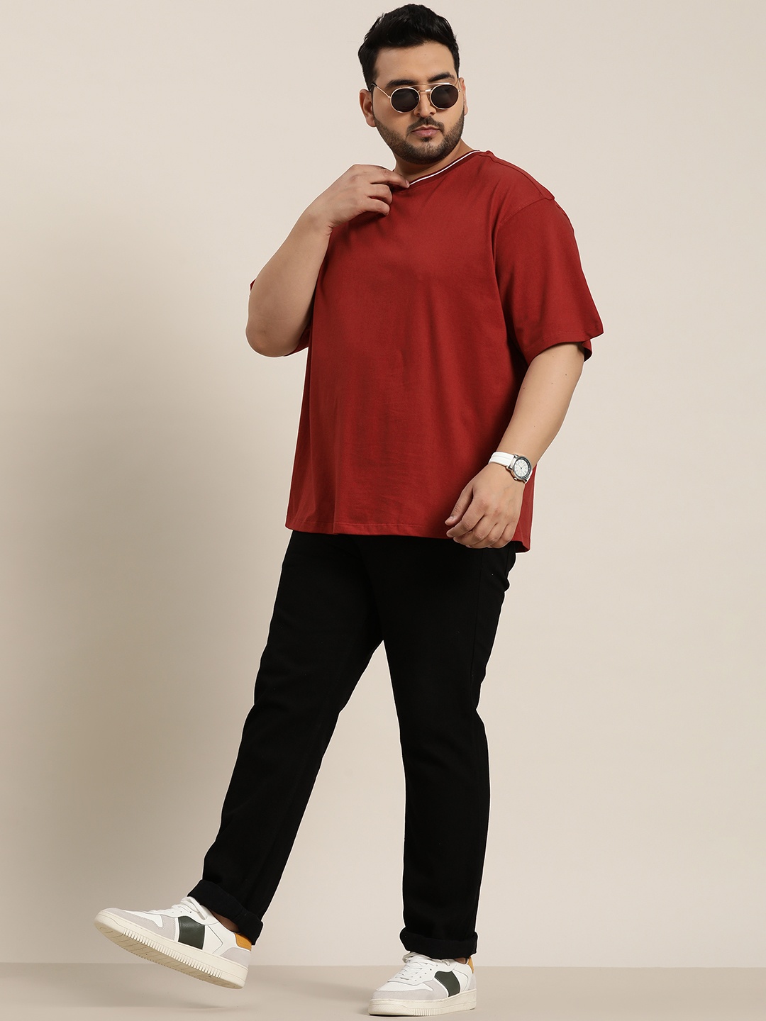 

Sztori Plus Size Drop-Shoulder Sleeves Pure Cotton Oversize T-shirt, Red