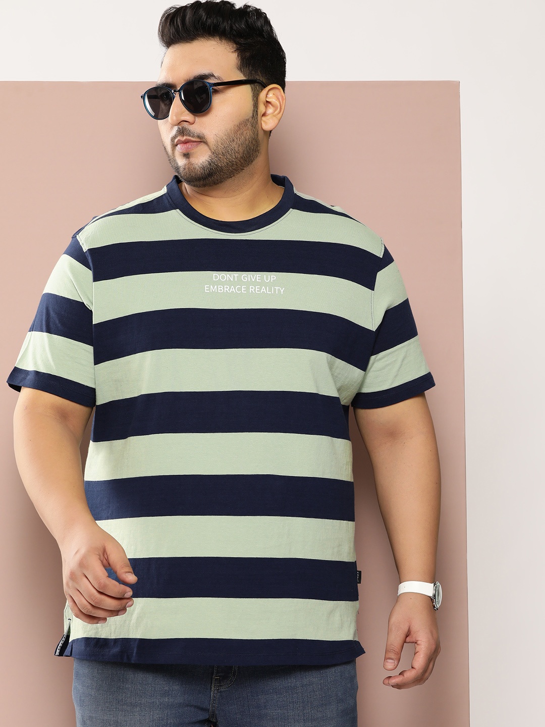 

Sztori Men Plus Size Striped Pure Cotton T-shirt, Green