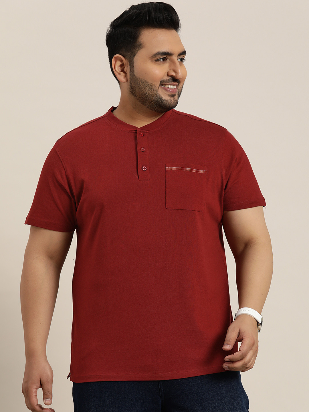 

Sztori Plus Size Henley Neck Pure Cotton T-shirt, Maroon