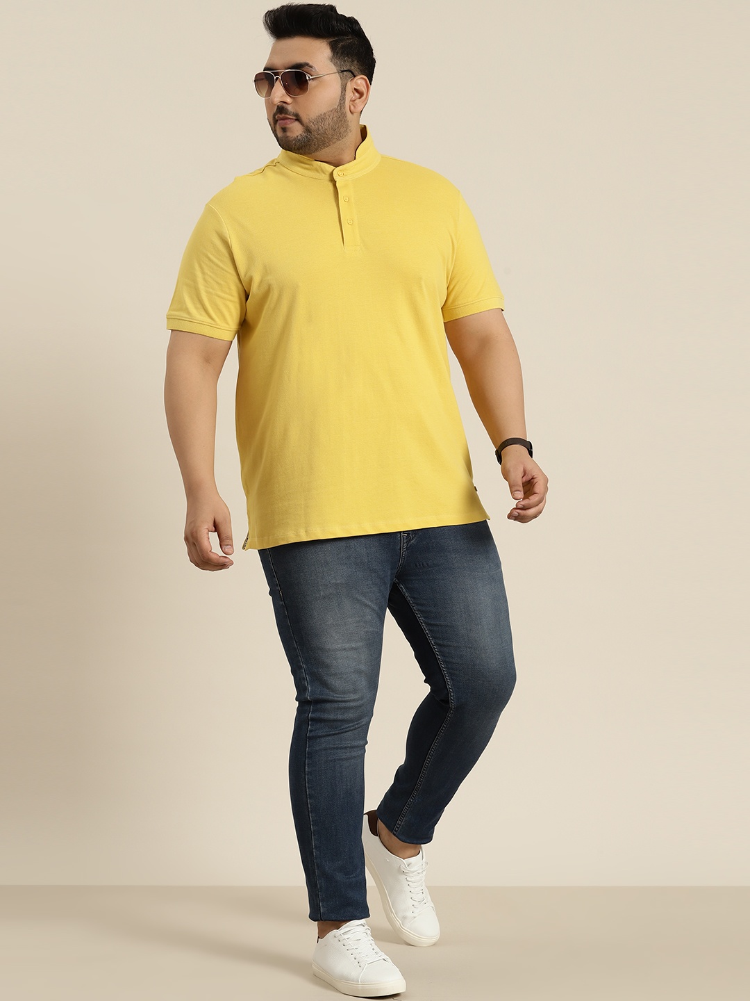 

Sztori Plus Size Stand Collar Pure Cotton T-shirt, Yellow