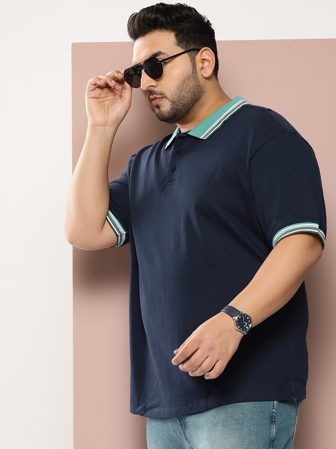

Sztori Men Plus Size Polo Collar Pure Cotton Relaxed T-shirt, Navy blue