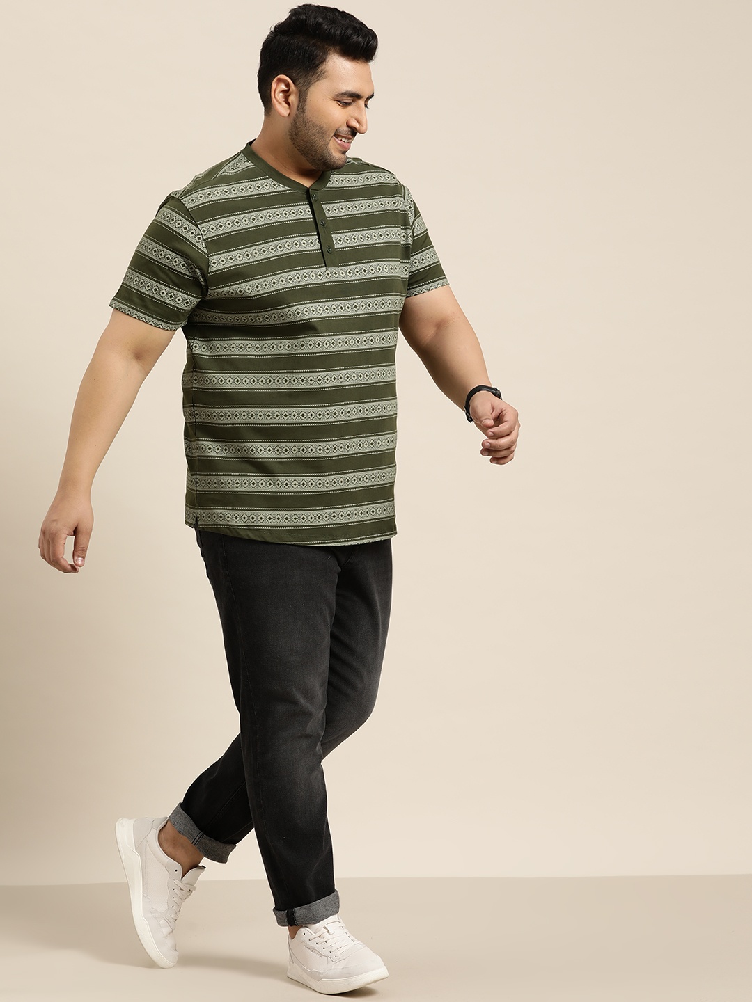 

Sztori Plus Size Striped Henley Neck T-shirt, Green