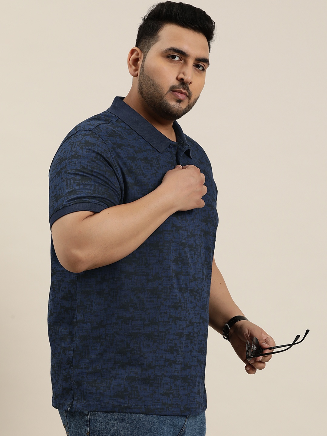 

Sztori Plus Size Printed Pure Cotton Polo Collar T-shirt, Navy blue