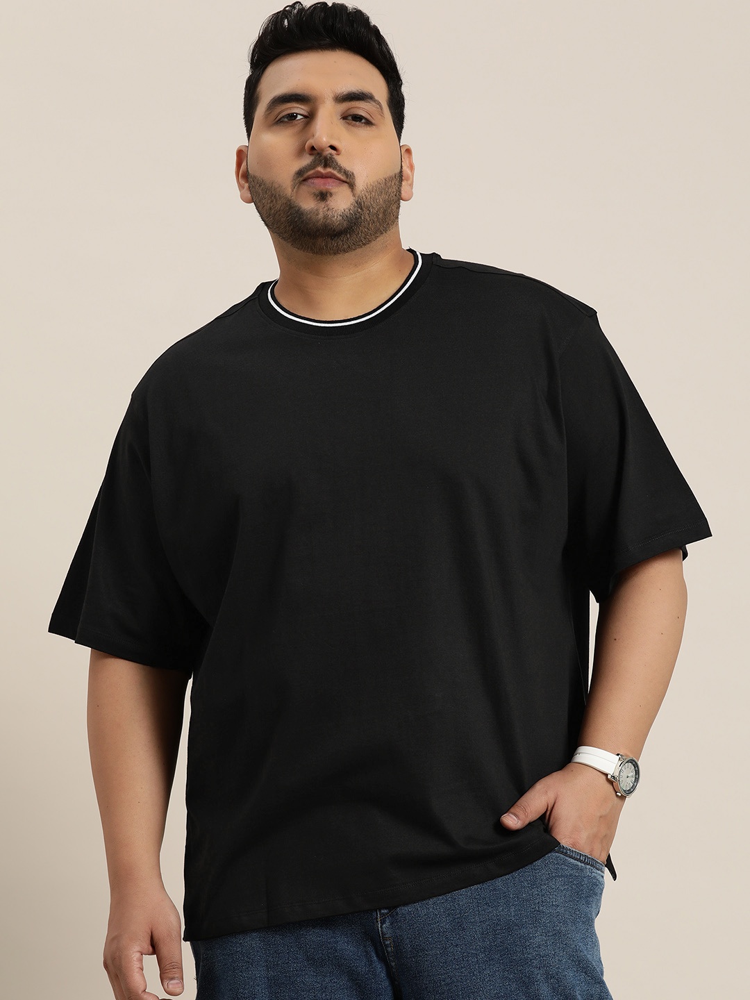 

Sztori Plus Size Drop-Shoulder Sleeves Pure Cotton Oversized T-shirt, Black
