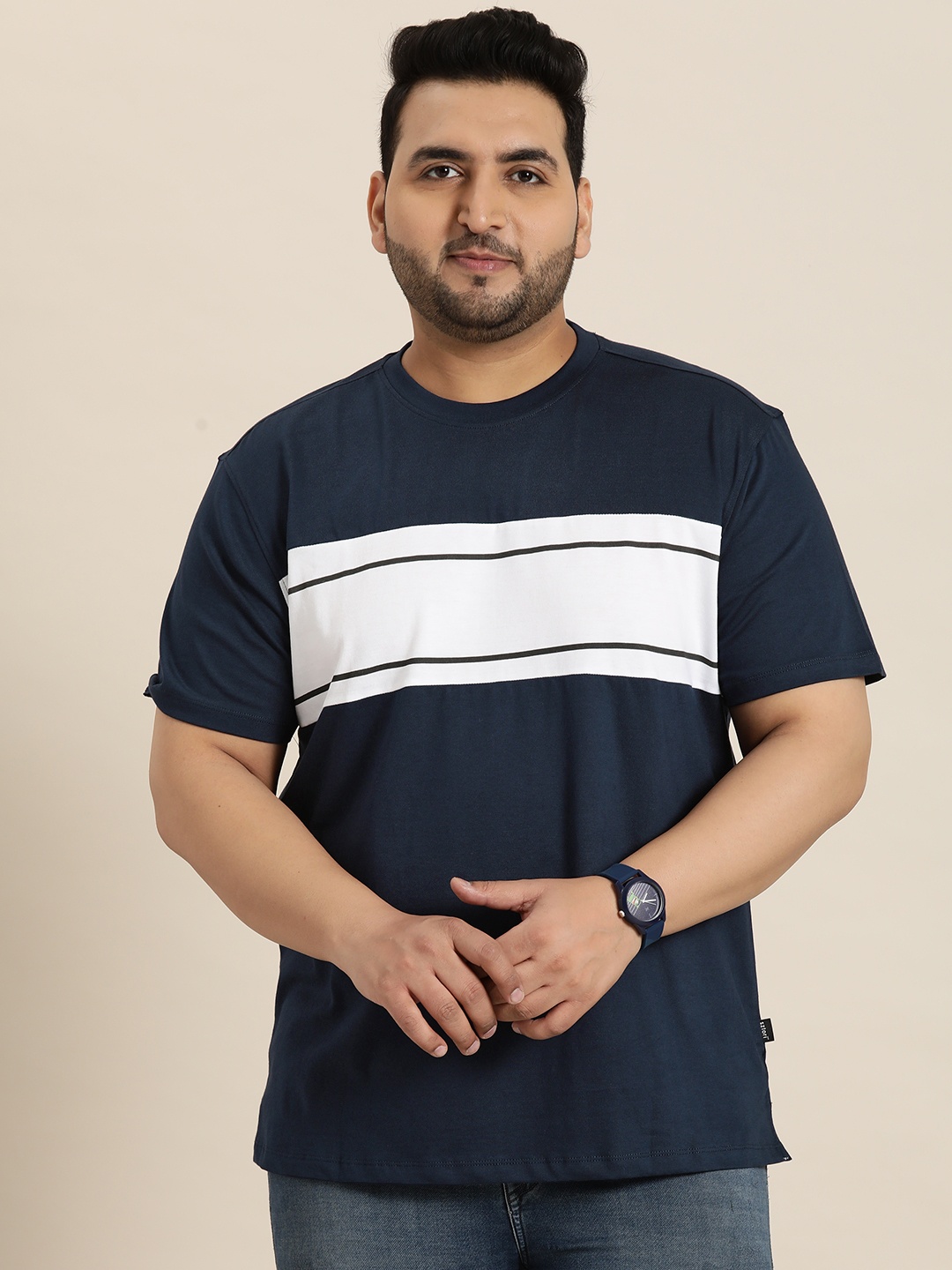 

Sztori Plus Size Striped Pure Cotton T-shirt, Navy blue