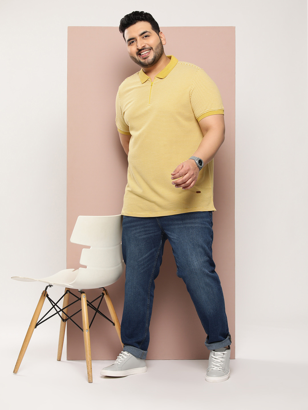 

Sztori Plus Size Striped Polo Collar Pure Cotton T-shirt, Mustard