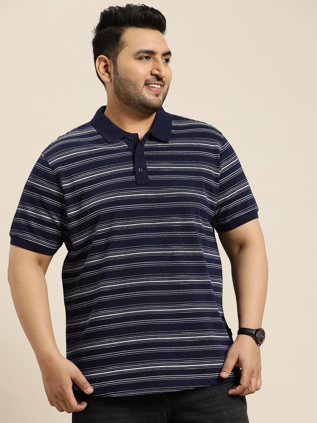 

Sztori Men Plus Size Striped Polo Collar Pure Cotton T-shirt, Navy blue