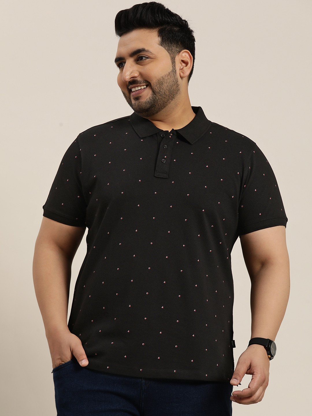 

Sztori Plus Size Printed Polo Collar Pure Cotton T-shirt, Black